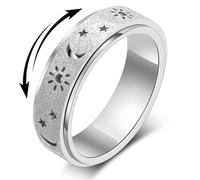 OreilleStar Fidget Anxiety Ring for Women: Sun Moon Star Symbols Stress Relief Thumb Spinner Ring Stainless Steel Toys Adults Gift for Men Silver Gold Plated Size 5-12, 5-11, Stainless Steel, No