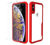 ORETECH Compatible with iPhone X/XS Case, with [2 x 9H Tempered Glass Screen Protector] Shockproof Drop Protection Ultra Thin Soft TPU + Hard PC Hybrid Transparent Case - Red