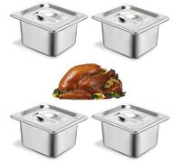 ORFCP 4PCS Stainless Steel Gastronorm Pan 1/6 with Lid, Stainless Steel Food Containers Pan, 100mm Deep, Silver