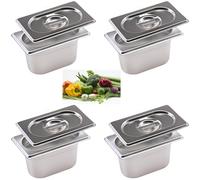 ORFCP 4PCS Stainless Steel Gastronorm Pan 1/9 with Lid, Stainless Steel Food Containers Pan, 100mm Deep, 175mm x 110mm x 100mm, Silver