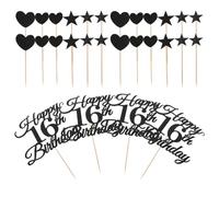 ORFOFE 16Th Birthday Cake Topper Set, Black Glitter Number 16 with Star and Heart Cutouts, Reusable Teen Party Cake Decoration for Boys and, 10 Pieces