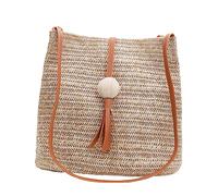 ORFOFE 1Pc Portable Summer Straw Woven Bucket Bag for Women Lightweight Tote Handbag Brown Versatile Cross Body Schoolbag Shoulder Bag for Beach Travel
