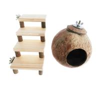 ORFOFE 2-pcs Natural Coconut Shell Hamster Nest and Wooden Chew Set for Small Pets, Hamster House with Ladder, Suitable for Guinea Pigs, Squirrels, and Sugar Gliders