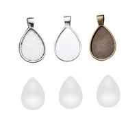 ORFOFE 36pcs DIY Jewelry Making Trays Kit with Alloy Teardrop Pendant Trays and Glass Patches for Crafting Unique Photo Resin Necklaces in Antique Silver Bronze Bright Silver