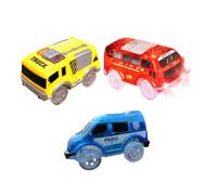 ORFOFE 3pcs Electric Light-up Track Cars for Lightweight Vehicles with Dark Feature No Battery Required Includes Yellow Construction Blue Police and Red Bus Models
