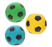 ORFOFE 3Pcs Latex Soccer Shaped Dog Chew Soft Wear Resistant Molar Playthings for Household Dogs Portable Squeaky Balls in Yellow Blue Green Safe Non Toxic Pet Teeth Cleaning