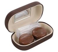 ORFOFE Contacts Box Large Vintage Leather Wood Grain Design Dual Storage Compartment with Leak-Proof Rubber Seal for-The-Go Eye Care