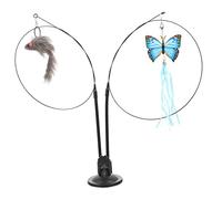 ORFOFE Double Head Cat Teaser with Suction Household Teaser for Indoor Cats Durable Handheld Stick with Adorable Blue Butterfly and Gray Mouse Pendants Promotes Exercise and Play