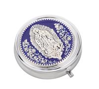 ORFOFE Metal Rosary Keepsake Box Blue Rose Pattern - Catholic Prayer Beads Jewelry Case, Round Metal Eucharistic Trinket Organizer for Religious Necklace Storage