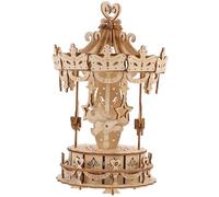 ORFOFE Wooden Puzzle Merry-go-round Model DIY Educational Natural Wood Carousel Craft Kit for Teens Adults Required