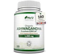 Organic Ashwagandha KSM-66® 1200mg - 5% Withanolides - 180 Vegan Capsules - High Strength Ashwaganda with Black Pepper - Soil Association Certified - Made in The UK - Nu U Nutrition