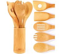 Organic Bamboo Cooking & Serving Utensil Set by Neet - 6 Piece Set | Spoon & Spatula Mix | Utensil Holder Organizer | Non Stick Wooden Kitchen Gadgets | Great Gift for Chefs & Foodies