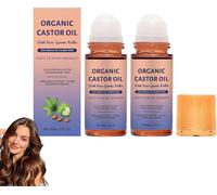 Organic Castor Oil Roll On, Cold Pressed Moisturizing Oil with Rose Quartz Roller - for Brows, Lashes, Dry Skin & Face, Travel Friendly Leakproof Roller Bottle (2PCS)