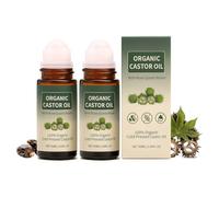 Organic Castor Oil Roll On, Organic Castor Oil With Rose Quartz Roller, Organic Cold-Pressed Roll-On for Face & Body, Helps Firm Skin, Reduce Fine Lines & Nourish, Soothing Moisturising Oil (2Pc)