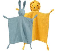 Organic Cotton Muslin Lovey Blanket, Organic Cotton Muslin Bunny & Lion Security Blanket Soft & Breathable Lovie Baby Gifts for Boys and Girls (Blue & Ginger)