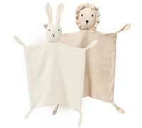 Organic Cotton Muslin Lovey Blanket, Organic Cotton Muslin Bunny & Lion Security Blanket Soft & Breathable Lovie Baby Gifts for Boys and Girls (Beige Bunny/Khaki Lion)