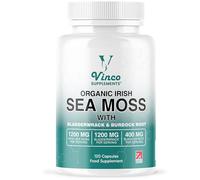 Organic Irish Sea Moss Capsules with Bladderwrack & Burdock Root 1200mg - Sea Moss Supplement, Bladderwrack 1200mg & Burdock 400mg per Serving - Gluten Free, Non-GMO (120 Capsules)