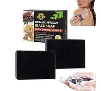 Organic Raw African Black Soap - Black Soap with Cocoa Butter and Vitamin E, Organic African Black Soap for Dry Skin, Moisturizing and Cleansing Body Care (2PC)