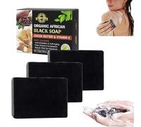 Organic Raw African Black Soap - Black Soap with Cocoa Butter and Vitamin E, Organic African Black Soap for Dry Skin, Moisturizing and Cleansing Body Care (3PC)