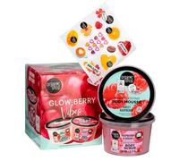 Organic Shop Glow-Berry Vibes Beauty Gift Set. Featuring full Size Raspberry Body Scrub and Mousse. With Cute Stickers. Vegan Friendly. Clean Hub Verified. 2pcs.