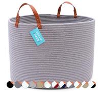 OrganiHaus Laundry Basket With Leather Handles, Extra Large Woven Cotton Rope Bin for Dirty Clothes, Pillows & Towels, Rope Blanket Basket, Dog Toy Storage Bin, Soft Laundry Hamper - 50x33cm, Grey