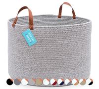 OrganiHaus Laundry Basket With Leather Handles, Extra Large Woven Cotton Rope Bin for Dirty Clothes, Pillows & Towels, Rope Blanket Basket, Dog Toy Storage Bin, Soft Laundry Hamper - 50x33cm, Grey