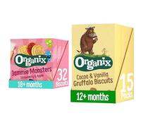 Organix Monster Biscuits Bundle, Includes Jammie Monsters Strawberry & Apple and Gruffalo Cocoa & Vanilla, Organic Toddler Snacks, 18+ Months, 8 x 8 g Per Box & 5 x 20 g Per Box (7 Boxes Total)