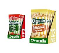 Organix Puffcorn Bundle, Includes Strawberry & Apple and Banana Puffcorn, Organic Finger Food Toddler Snack, 12+ Months, Multipack, 3 Packs (4 x 10g Bags per Pack) Each Flavour (24 Packs Total)