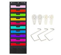Organization Pocket Chart, Wall Hanging File Organizer Folder with 10 Large Pockets for Office, Home, School, Studio, etc. 14 X 47 inch, Black, 3 Hangers and 4 Hooks