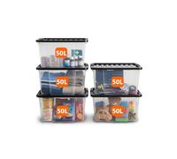ORGANIZED 50L Clear Plastic Storage Boxes with Black Clip Lids - Stackable Storage Containers, Strong Durable Storage Bins for Home, Garage, Office & Bedroom - Set of 5
