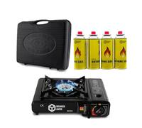 Organized Camping Stove, Single Burner, Portable, with 4 Butane Gas, Automatic Ignition, Heat Control, for Outdoor/Indoor Cooking, Picnics, BBQ, Black
