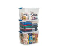 ORGANIZED Clear Plastic 50L Storage Box with Blue Clip-On Lid - Heavy Duty Stackable Storage Container for Home, Office, Kitchen, Garage & Closet Organisation (3)