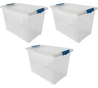 ORGANIZED Clear Plastic 80L Storage Box with Blue Clip-On Lid - Heavy Duty Stackable Storage Container for Home, Office, Kitchen, Garage & Closet Organization (3)