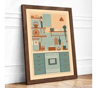 Organized Kitchen Shelves Mid-Century Framed Wall Art Print A1 (84.1×59.4cm) Walnut, Wall Decor for Living Room, Bedroom, Office & Home, Ready to Hang, Art Gift