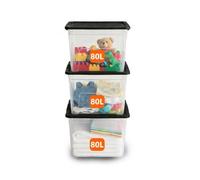 ORGANIZED Plastic Storage Boxes with Lids 80L - Pack of 3 | Large Clear Stackable Storage Containers with Black Lids, Heavy Duty Strong Durable Tubs for Home, Office, Multipurpose