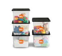 ORGANIZED Plastic Storage Boxes with Lids 80L - Pack of 5 | Large Clear Stackable Storage Containers with Black Lids, Heavy Duty Strong Durable Tubs for Home, Office, Multipurpose