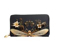 Organizer Ladies Long Leather Clutch Zip Around Wallet Large Capacity | Gold Exquisite Dragonfly 12 Card Slots, Coin Pocket & Compartments For Daily Use And Travel