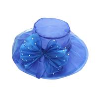 Organza Church Tea Party Wedding Occasion Hats for Women Classic Vintage 1940's 1950's Elegant Pillbox Fascinator Derby hat Summer Casual Beach Sun hat with Strap Bowknot Pearl mesh Flowers Blue