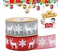 Organza Ribbon 2 Rolls, Red & Grey Christmas Ribbon 25mm with Snowflake Elk Pattern, 20M/22 Yards for Gift Wrapping, Crafts, Wreaths, Bows, Cards, Xmas Tree Decor