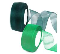 Organza Ribbon Rolls - 2 Rolls Sheer Chiffon Ribbon, Transparent Ribbons for Making Bows, Bouquet, Gift Wrapping, Wedding Decorations (1.5 Inch, 49 Yard Each Roll) (Green)