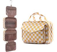 OrgaWise Checkered Hanging Travel Toiletry Bag, Fold-Out Wash Bag | Hanging Hook, Clear Pockets, Separate Sections, Front Pocket, Water-Resistant Fabric, Easy Access, Gifts for Women & Girls
