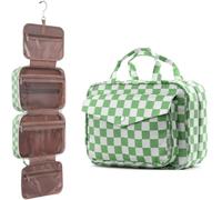 OrgaWise Checkered Hanging Travel Toiletry Bag, Fold-Out Wash Bag | Hanging Hook, Clear Pockets, Separate Sections, Front Pocket, Water-Resistant Fabric, Easy Access, Gifts for Women & Girls