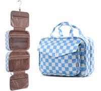OrgaWise Checkered Hanging Travel Toiletry Bag, Fold-Out Wash Bag | Hanging Hook, Clear Pockets, Separate Sections, Front Pocket, Water-Resistant Fabric, Easy Access, Gifts for Women & Girls