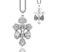Orgcity - Stainless Steel Rosary Bead Cross Necklace, Catholic Forgiveness Cross with Saint Benedict Medal and Miraculous, Rood Del Fordon, Catholic Religious Gift for Men and, 20in, Stainless Steel