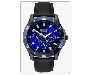 Orginal Sekonda Mens Watch 44mm Blue Dial Multifunction Leather Strap 50M