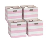 ORGMASTER Cube Storage Bins, Collapsible Fabric Storage Cubes, Cubby Storage Organizer Bins Striped Container Baskets for Home Office Wardrobe Closet Shelf, 4 Pack, 28 x 28 x 28 cm, Pink/White