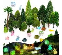 OrgMemory 55Pcs Mixed Model Trees, Resin Animals, Luminous Mini Resin Animal Figurines, Diorama Supplies, Miniature Trees, Model Train Scenery with No Bases