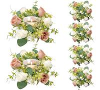 OrgMemory 6 Pcs Candle Rings, Artificial Eucalyptus Leaves Wreath, Pillar Candle Holder for Wedding Home Door Tabletop Decoration, Small Candle Rings Wreaths(Dusty Rose&White)