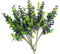OrgMemory Artificial Berry, 6 Pcs, 43cm, 17inch, Fake Burgundy Berry, Berries Blueberry Fruit Fake Silk Flowers Holly Berries for Home Party Decor (Blue with Leaves)