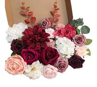 OrgMemory Artificial Flowers, Foam Fake Combo Box Set, Flowers with Stems, for DIY Floral Arrangements Bouquets Wedding Party Home Baby Shower Decor (Dusty Rose Burgundy)